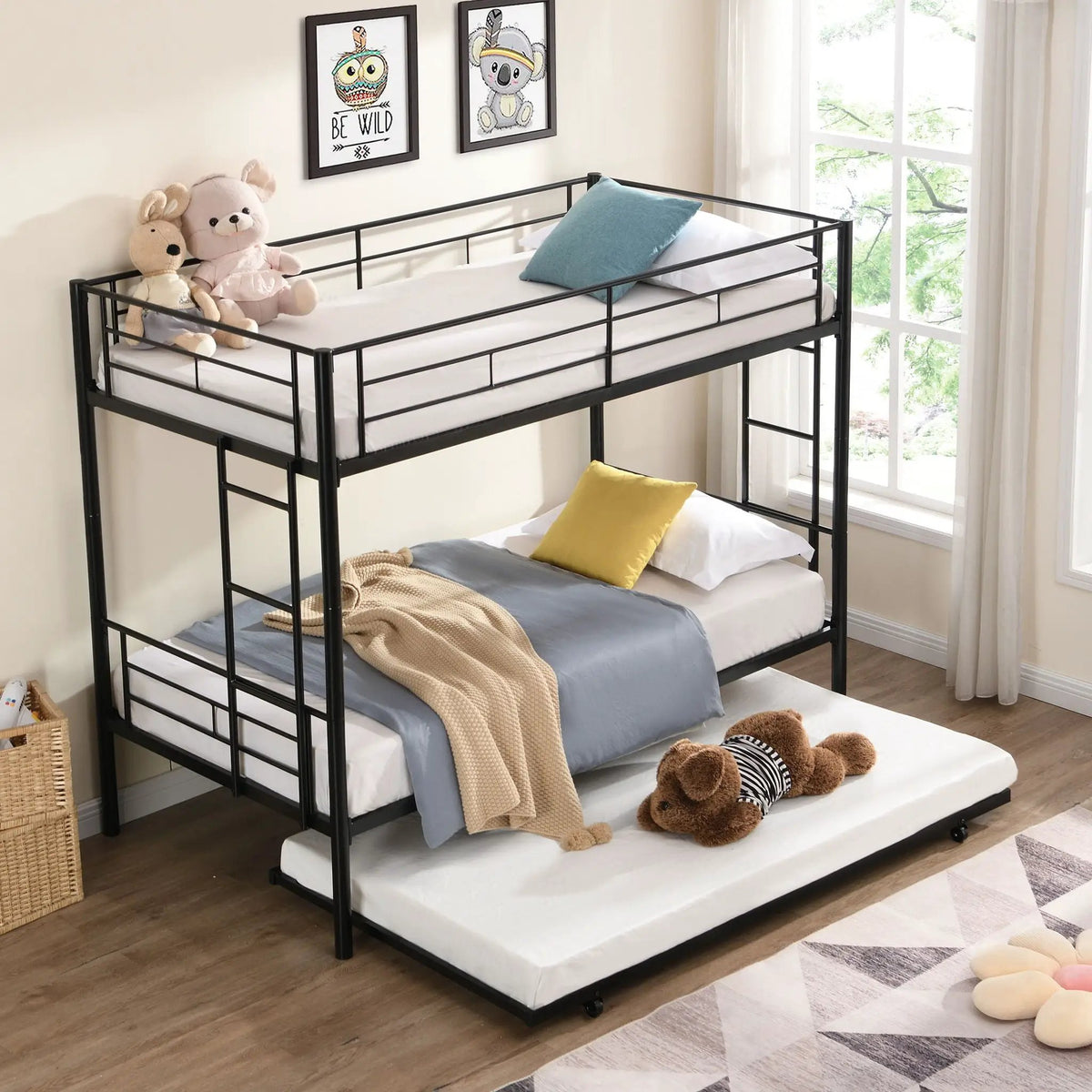 Bunk Bed With Trundle | Heavy Duty Steel | Space Saving | Twin Top