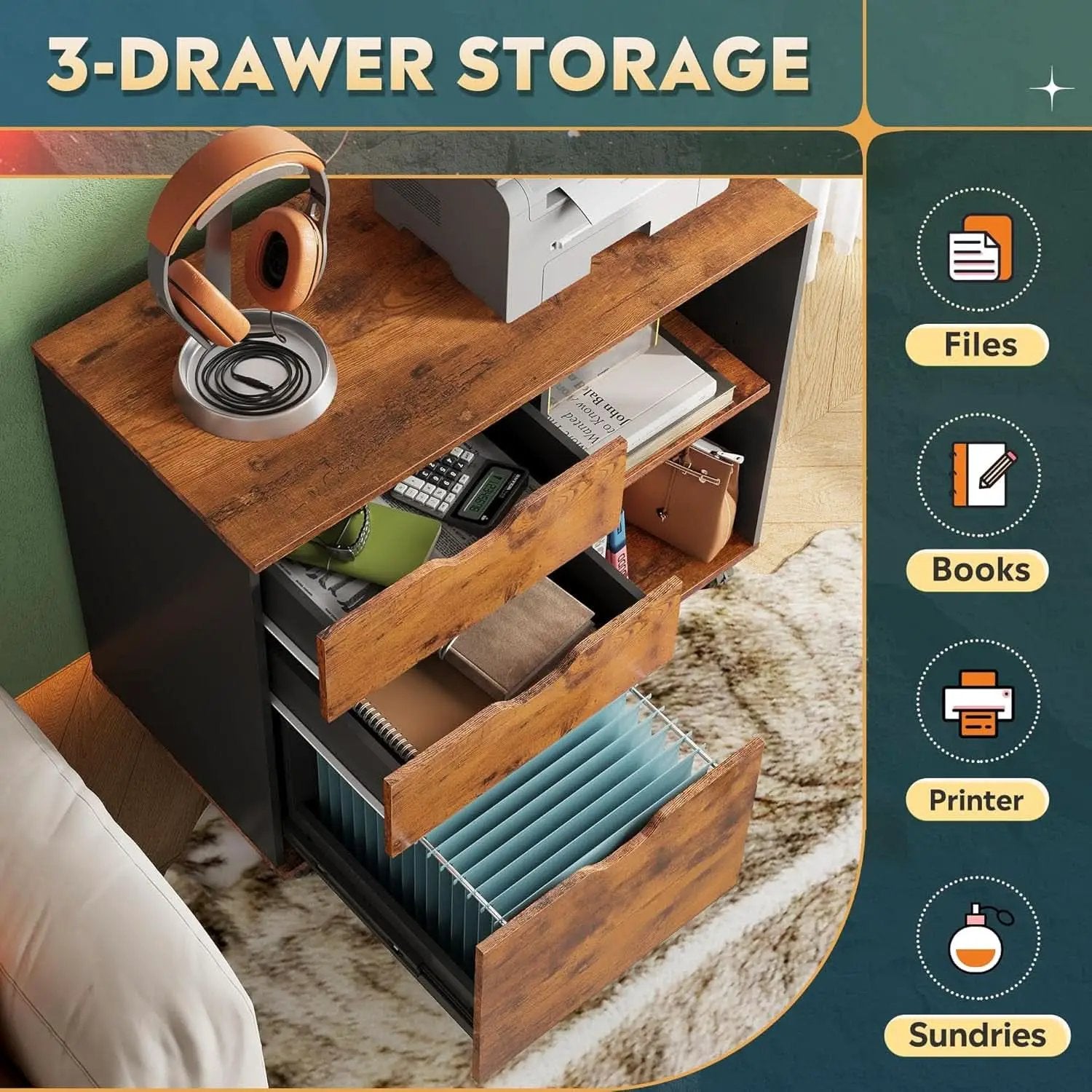 Mobile 3 Drawer Wood File Cabinet With Open Storage Shelves Rustic Brown from PriceLows™