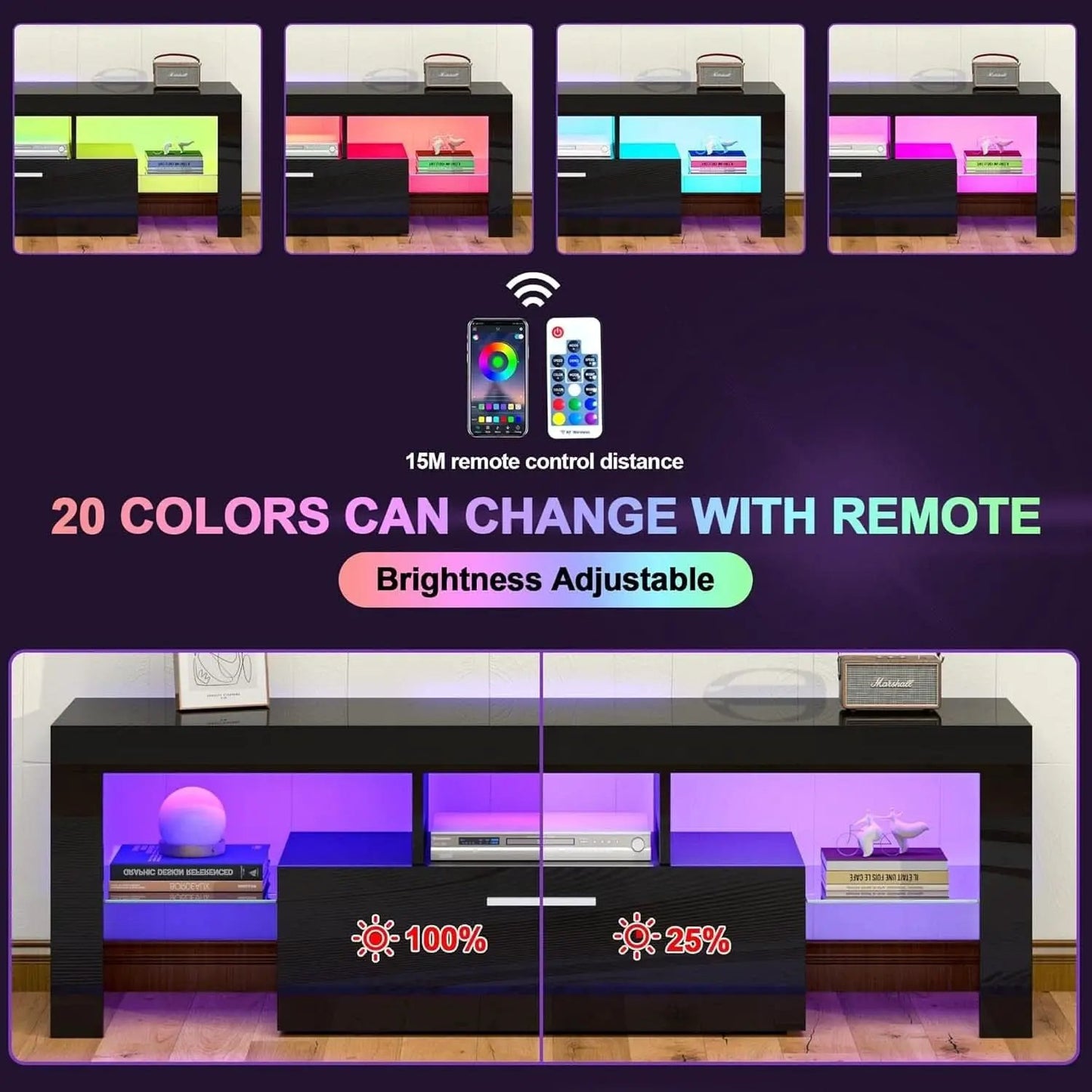 Black LED TV Stand With Large Storage Drawer For TVs Up To 55 Inches from PriceLows™