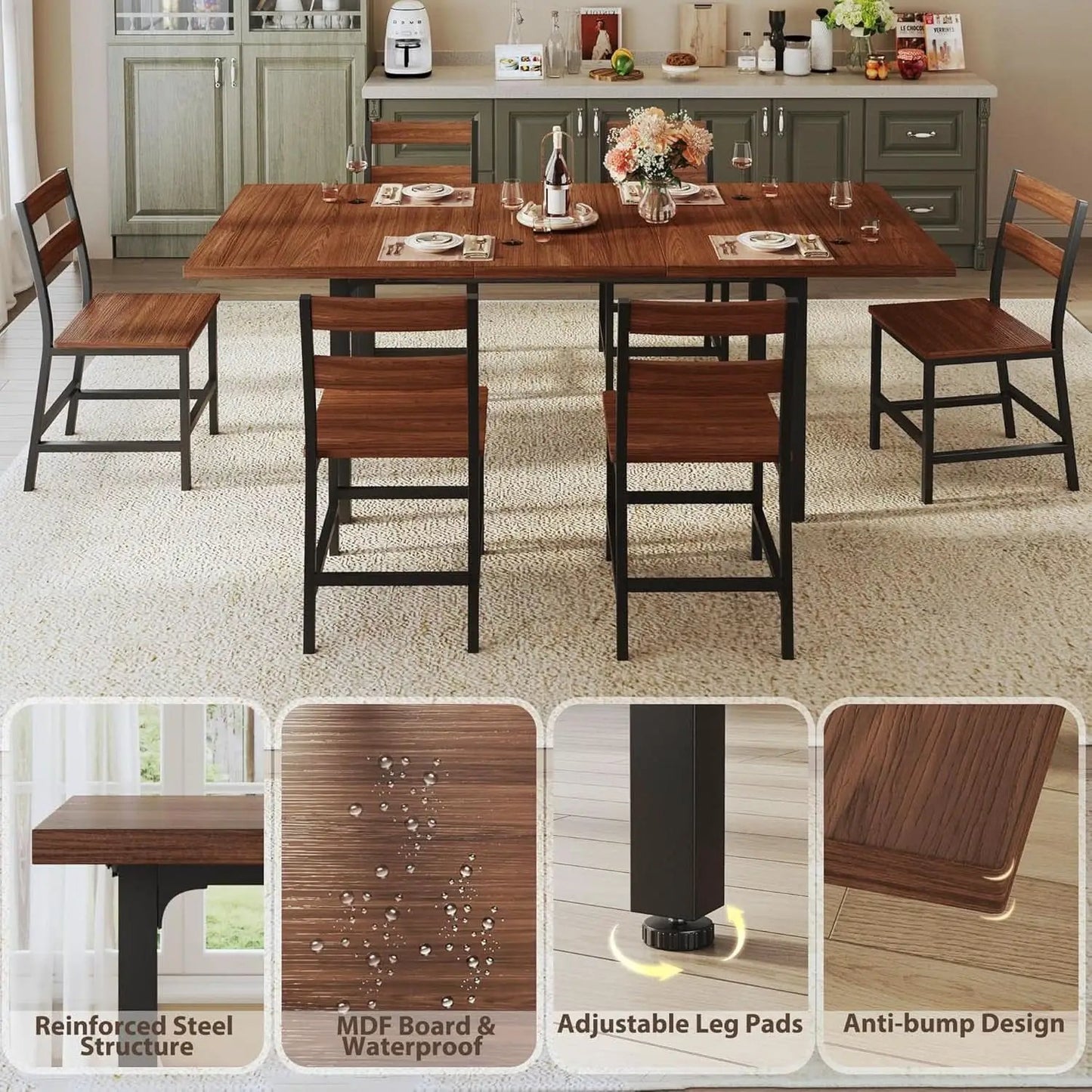 Walnut 63 Inch Extendable Dining Table Set For Six Chairs from PriceLows™