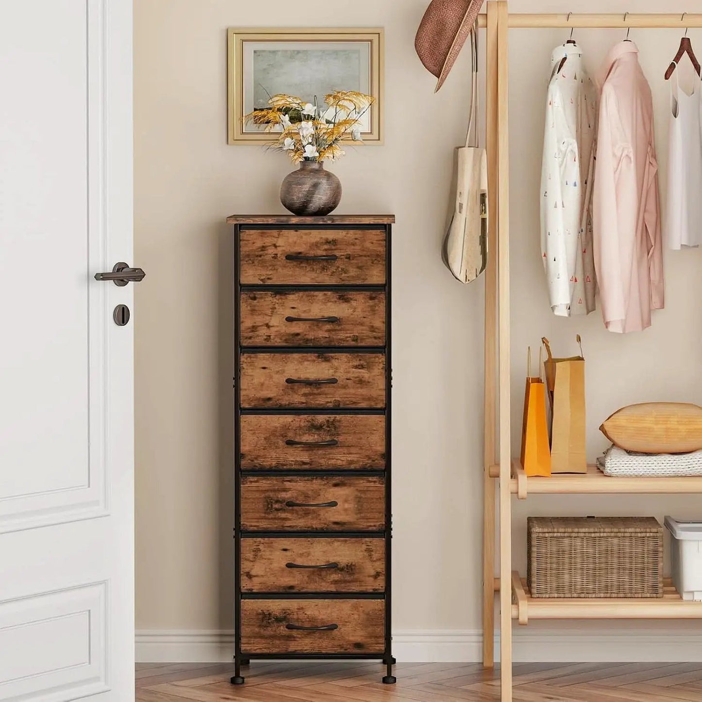Tall Dresser With Seven Fabric Drawers In Woodgrain Finish from PriceLows™