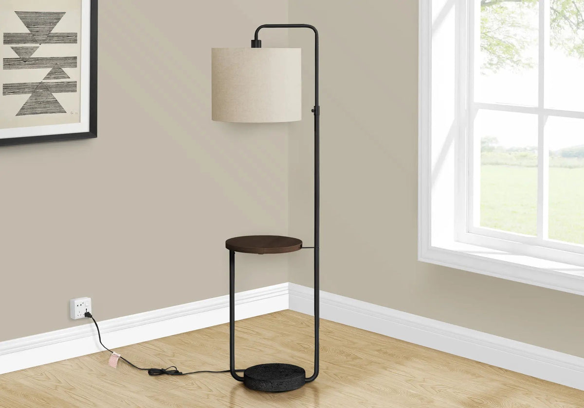 Floor Lamp With USB Port | Adjustable Arm Height | Ivory Fabric Shade | Built-In Shelf