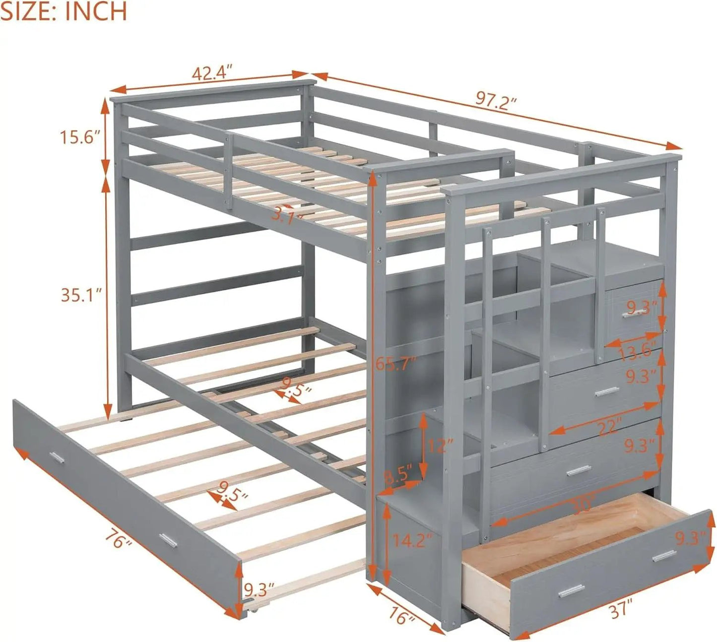 Natural Gray Twin Bunk Bed With Trundle And Stairs from PriceLows™