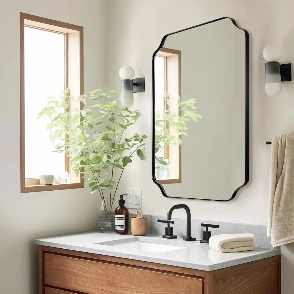 Black 22x30 Inch Scalloped Bathroom Mirror Stainless Frame from PriceLows™