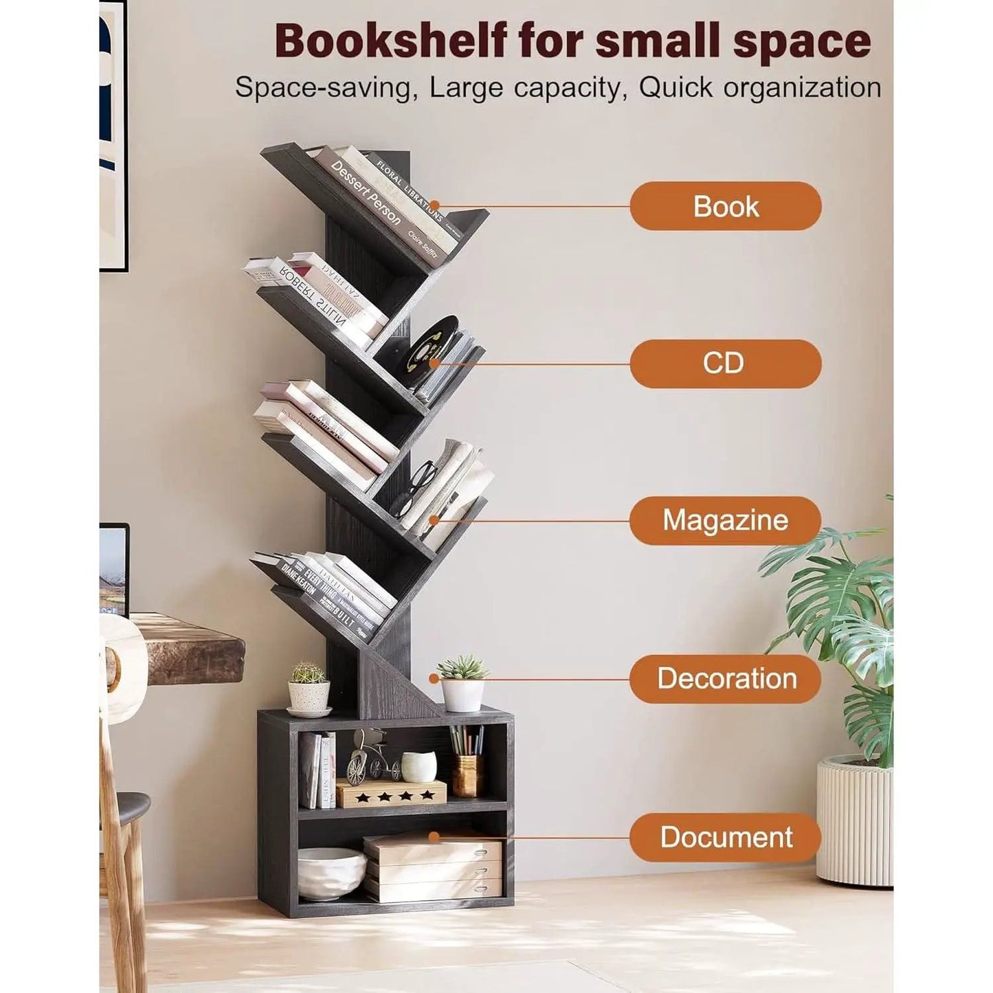 6 Tier Tree Bookshelf Black Floor Standing Storage Cabinet from PriceLows™