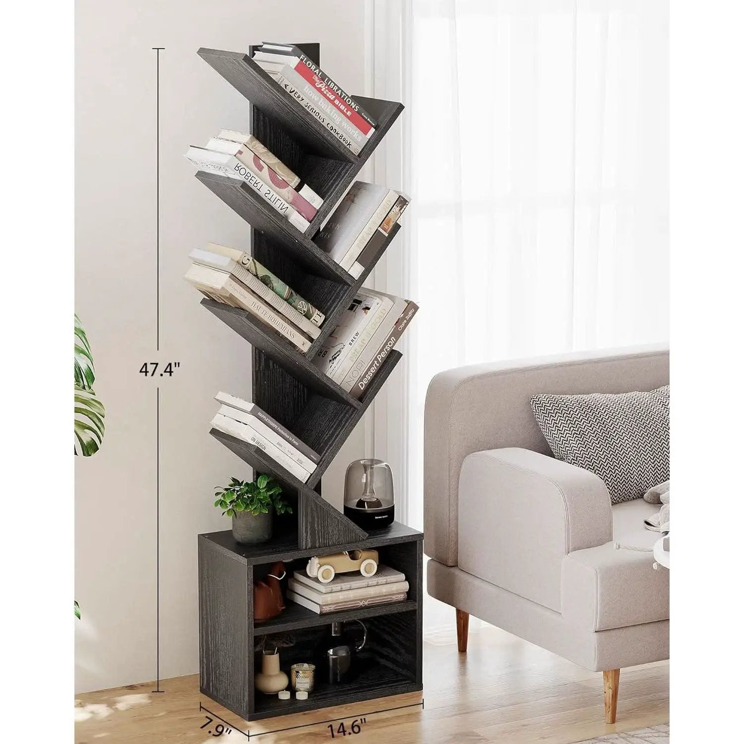 6 Tier Tree Bookshelf Black Floor Standing Storage Cabinet from PriceLows™