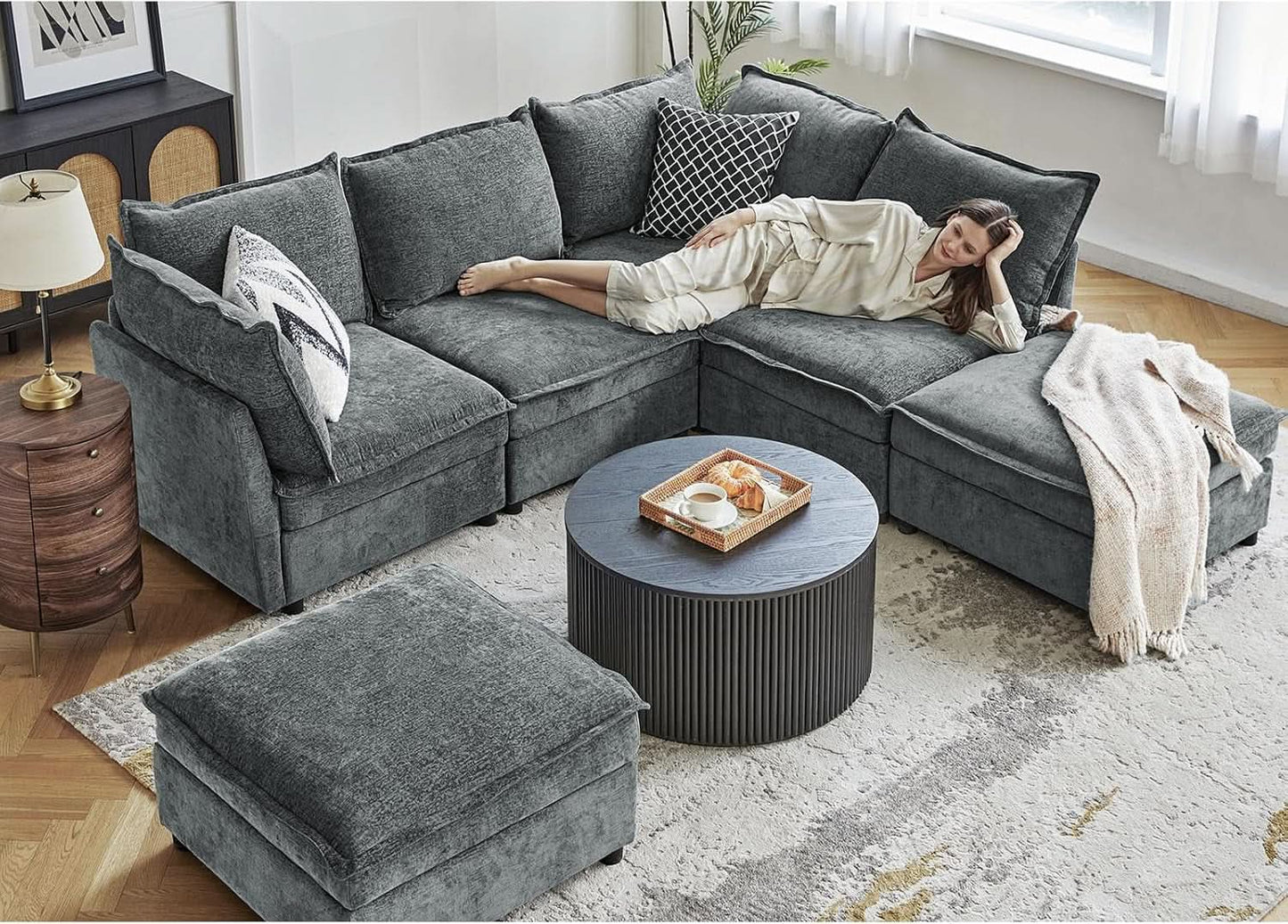 127 Inch Grey Modular Sectional Sofa With Storage Ottoman from PriceLows™