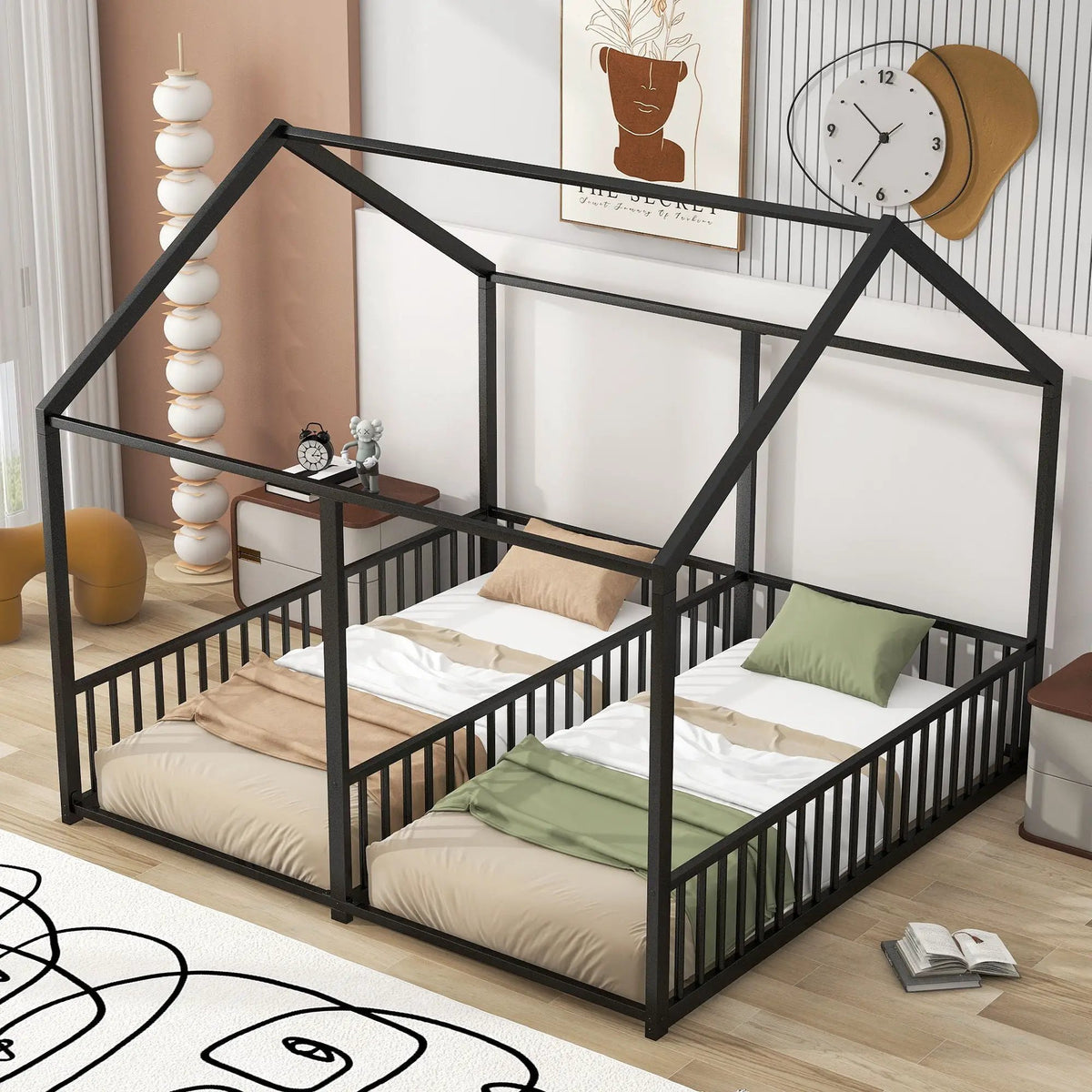 House Platform Bed | Solid Steel Frame | Twin Shared Bunks | Built In Guards