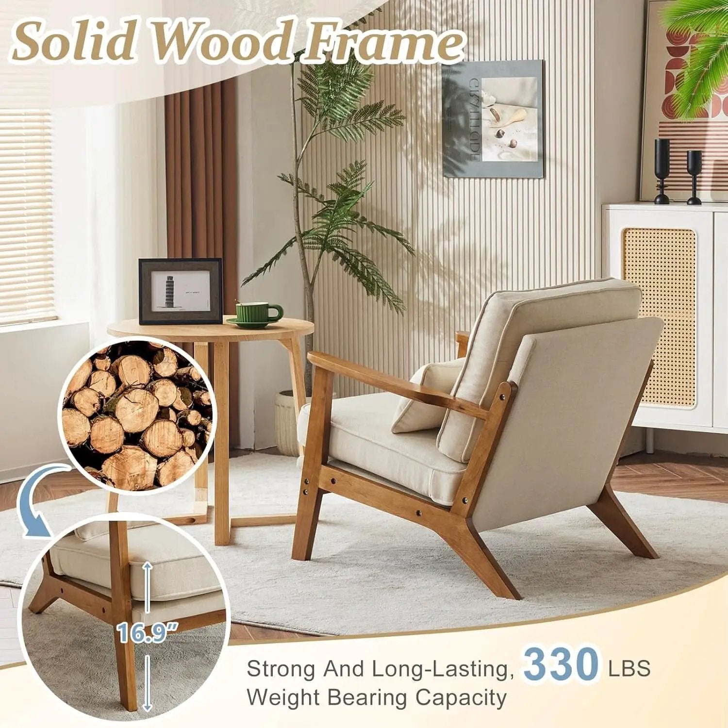 Beige Linen Upholstered Accent Chair Wide Armrests from PriceLows™