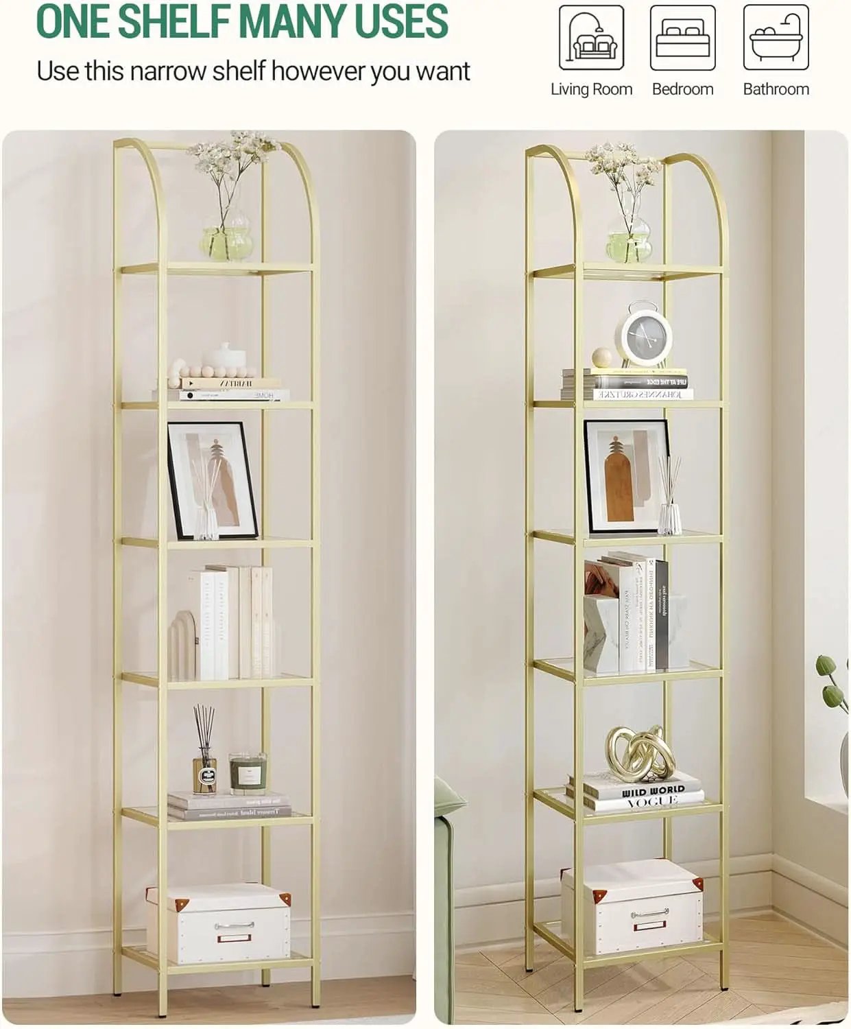 Bookcase Bookshelf 6 Tier Gold Tempered Glass Arched Top from PriceLows™