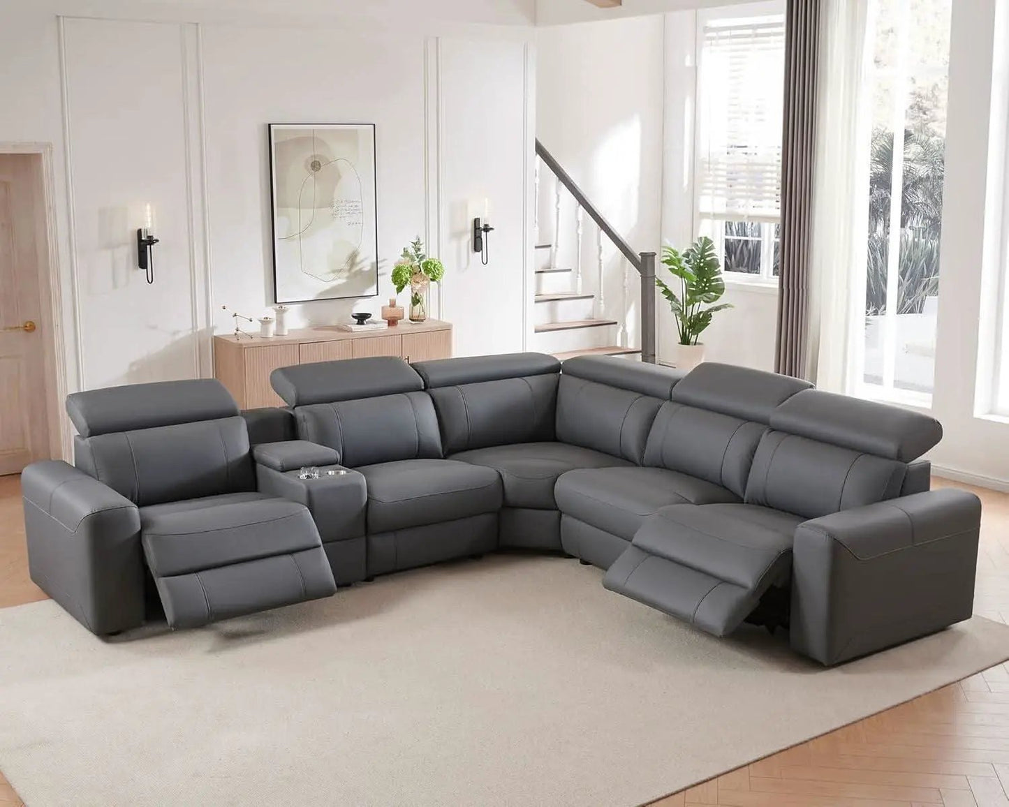 Grey Leather Power Recliner Sofa With Center Console from PriceLows™