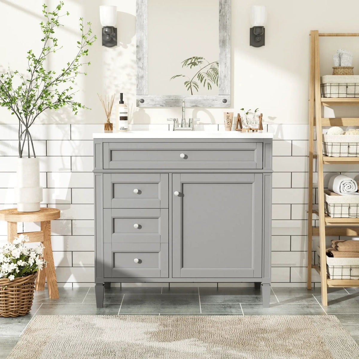 36 Inch Bathroom Vanity With Top Sink | 3 Drawers | Metal Drawer Slides | Ceramic Sink