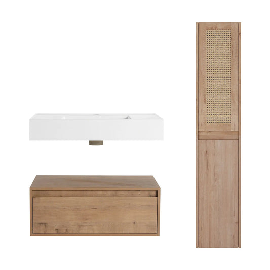 Contemporary Wall Mounted Bathroom Vanity With Resin Sink And 2 Side Cabinet | 29.5 x 18.1 x 15.8 in | Plywood & Resin | Oak