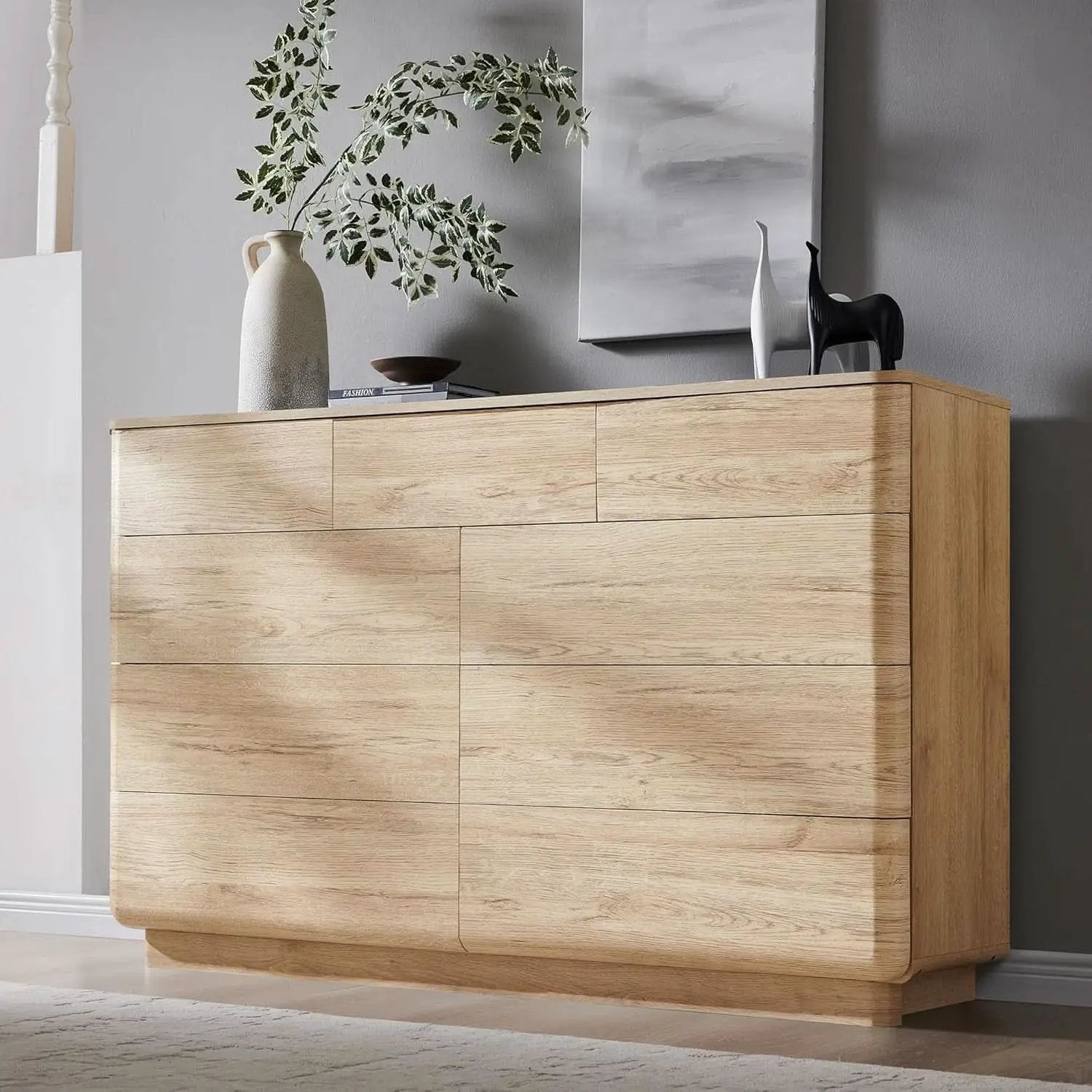Contemporary 52 Inch Wide Nine Drawer Dresser Oak Finish from PriceLows™