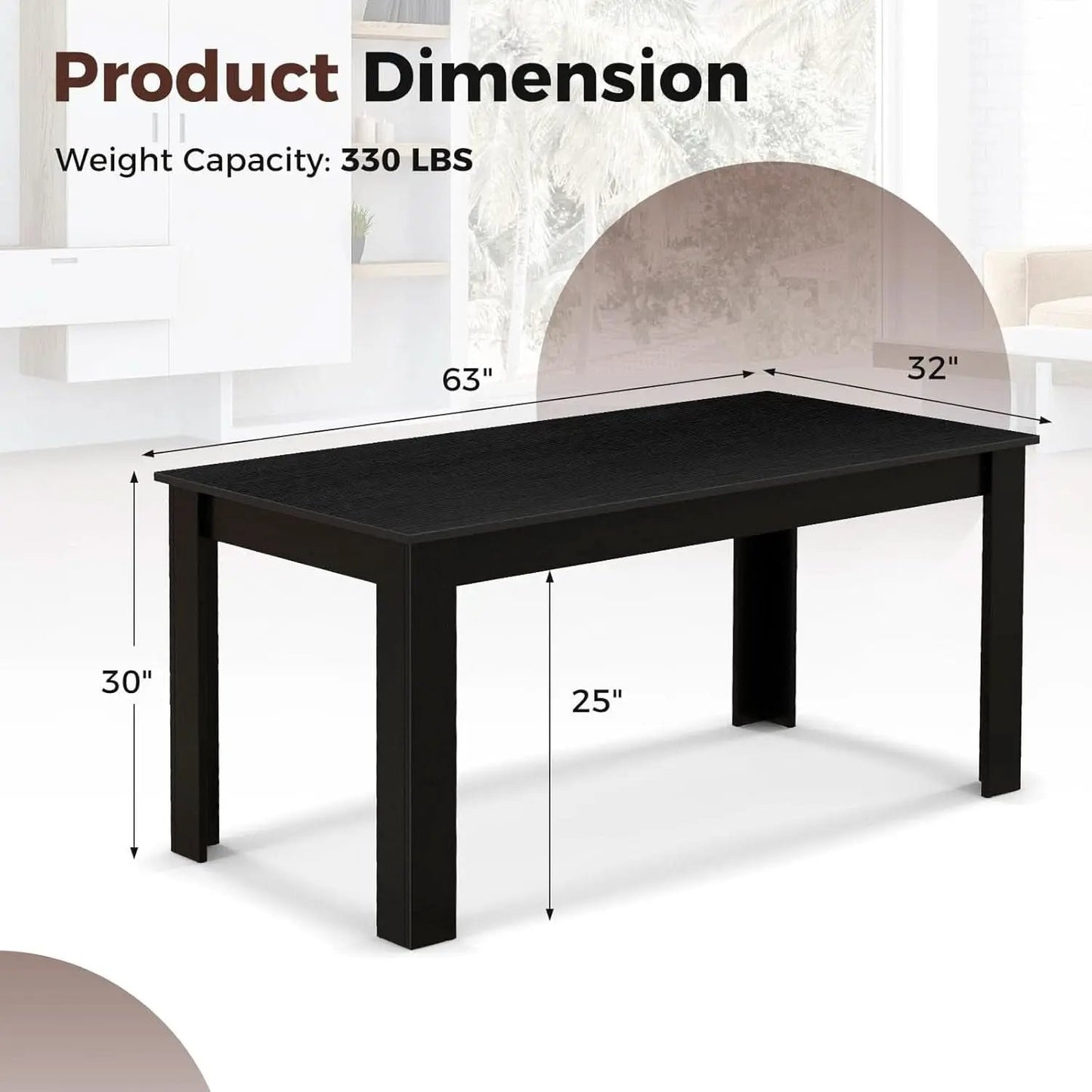 63 Inch Wood Dining Table For Four To Six People Black from PriceLows™