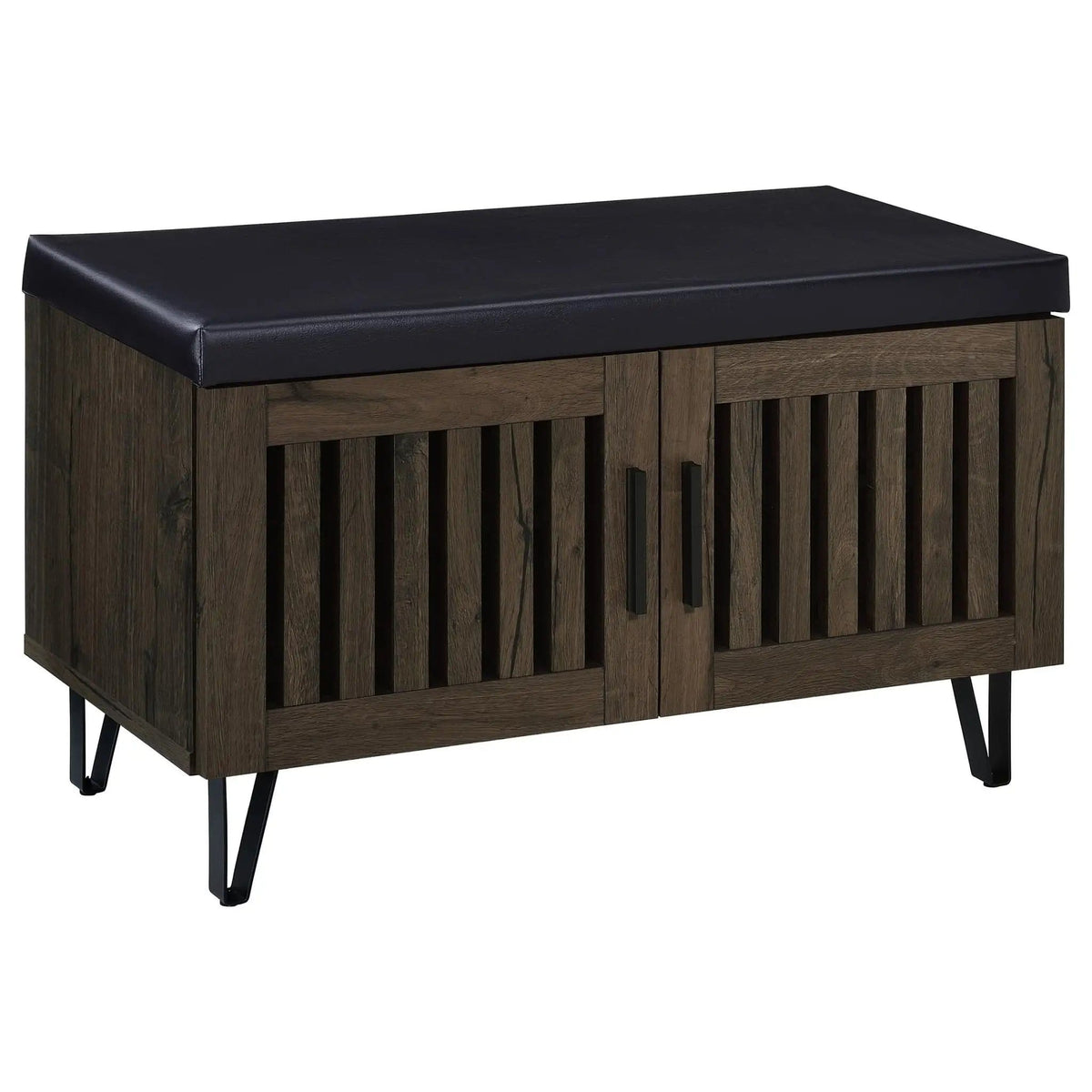 Brixton 2-door Padded Entryway Shoe Storage Bench Smoked Shoe Cabinet | 31.5 x 15 x 19 in | Faux Leather & Metal | Oak