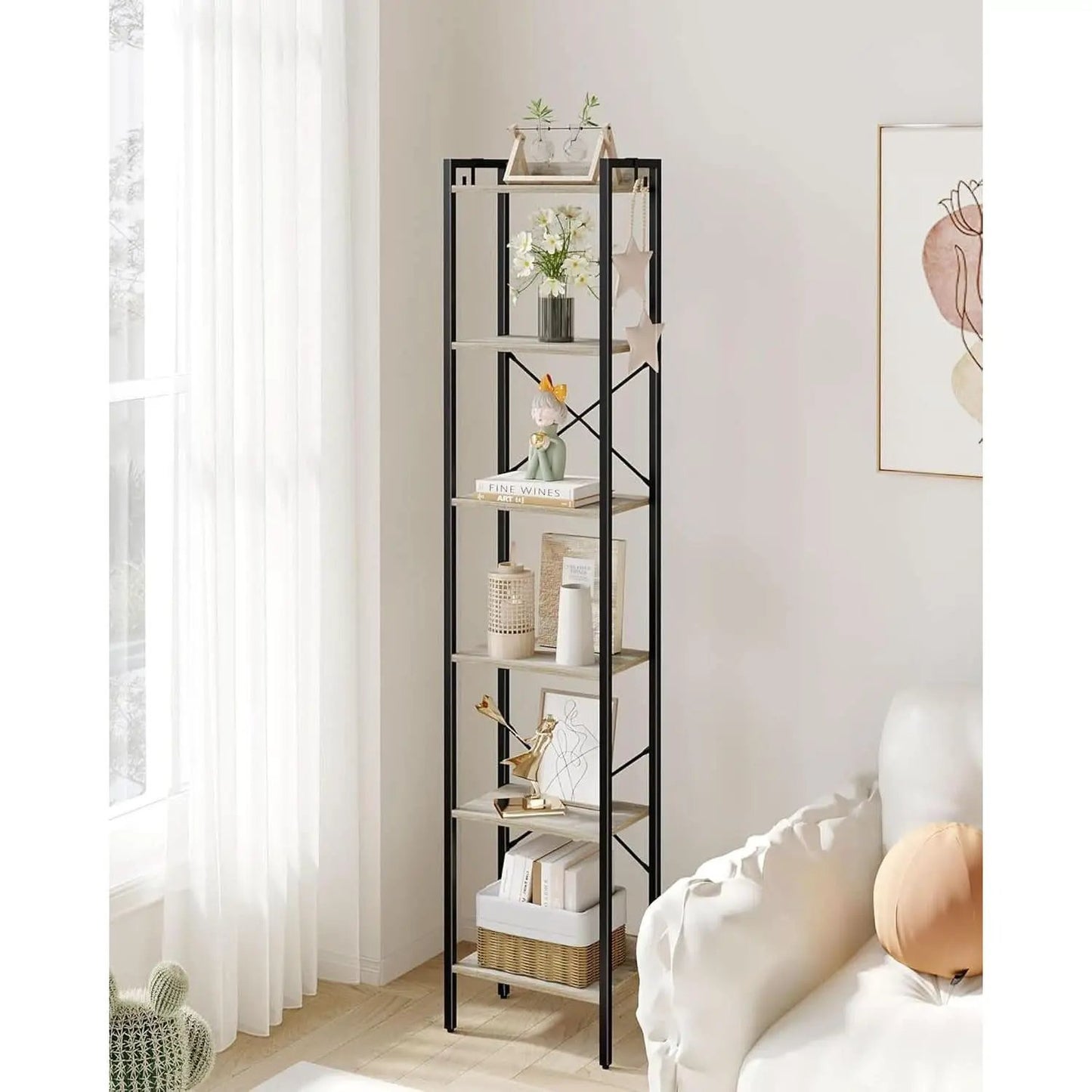 Greige Six Tier Narrow Bookshelf With Two Hooks Industrial from PriceLows™