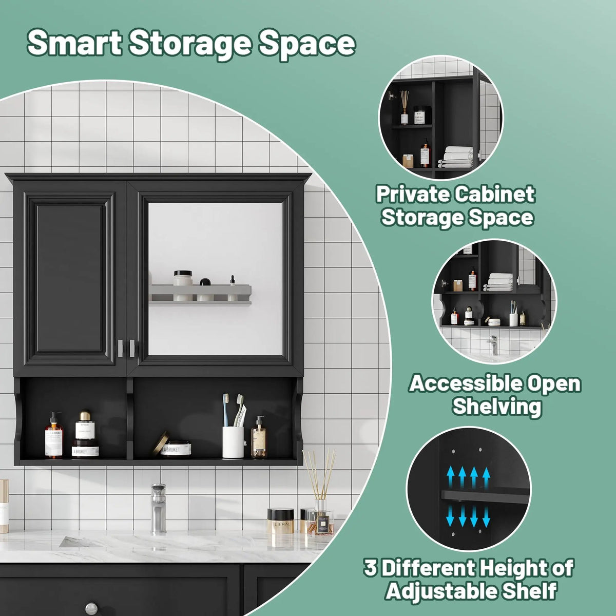 Wall Mounted Mirror Medicine Cabinet | 30 Inch Width | Doors And Open Shelves | Adjustable Shelf