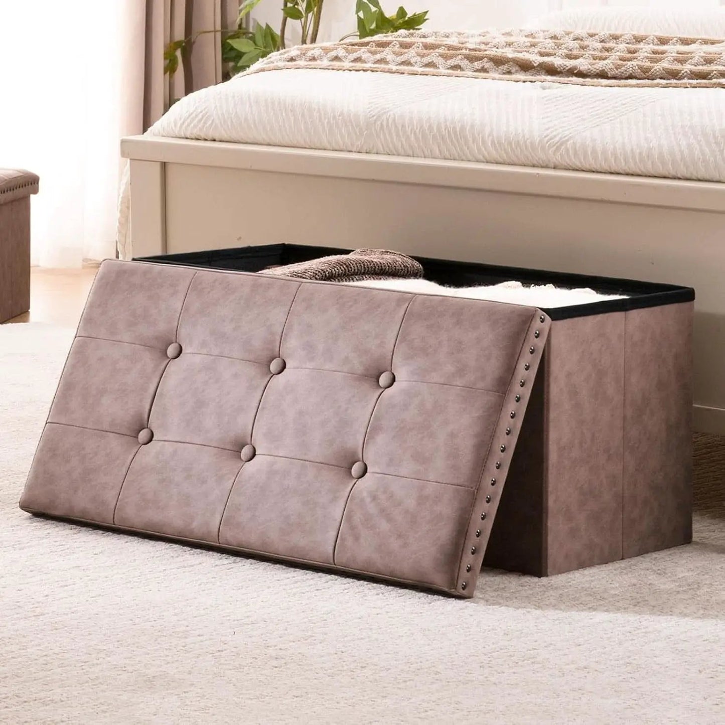 Oak Brown 30-Inch Foldable Storage Ottoman Bench from PriceLows™
