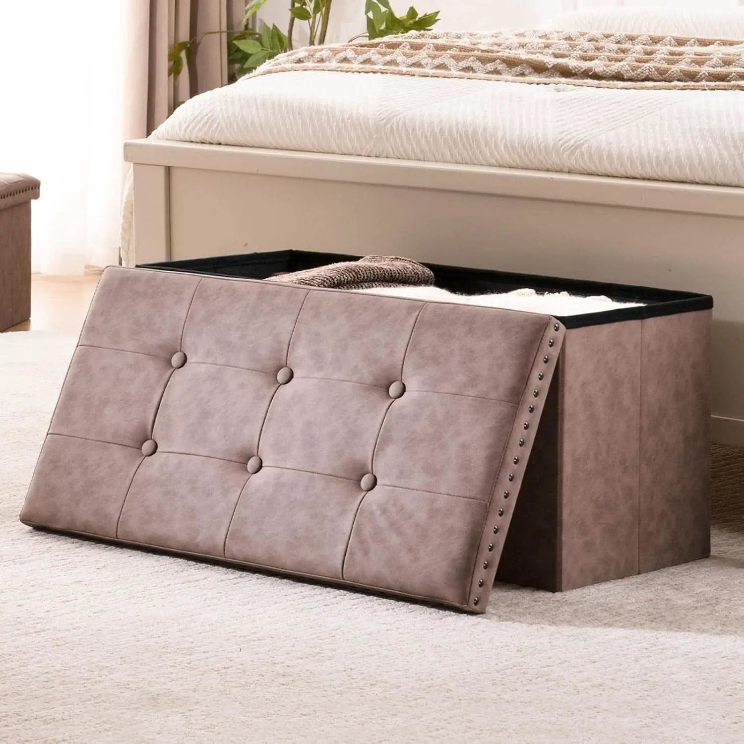 Oak Brown 30-Inch Foldable Storage Ottoman Bench from PriceLows™