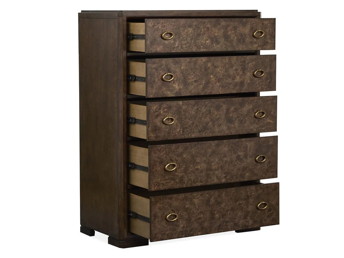 Rowan Drawer Chest | Espresso Finish | Mapa Burl And Birch Veneer | Five Storage Drawers