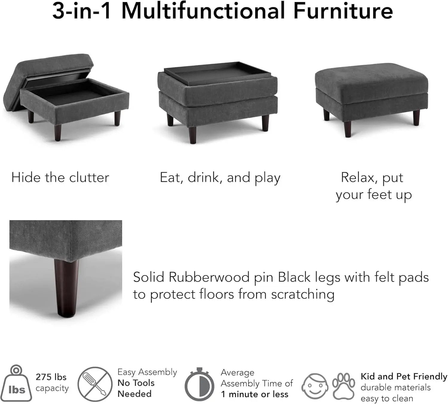 Iron Gray Chenille Reinforced Storage Ottoman Tray from PriceLows™