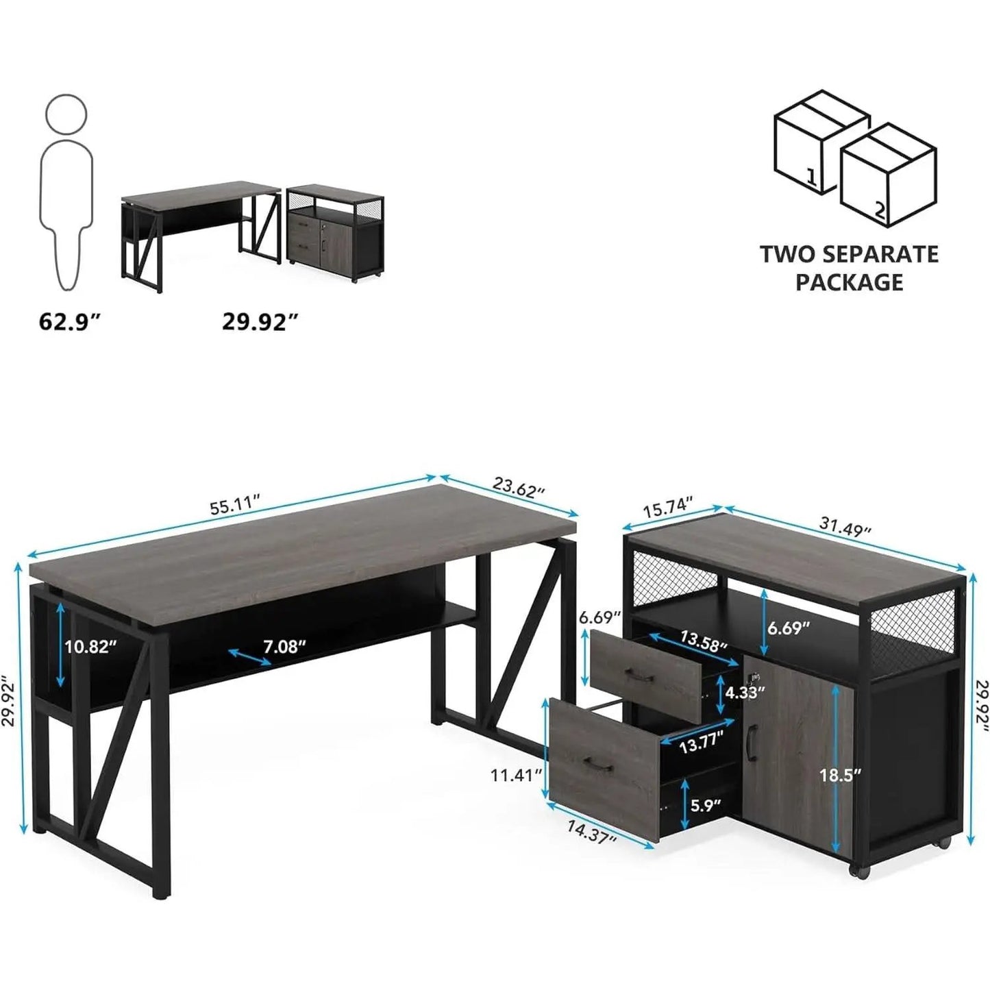 Gray L-Shaped Desk 55 Inch With Storage Cabinet For Office from PriceLows™