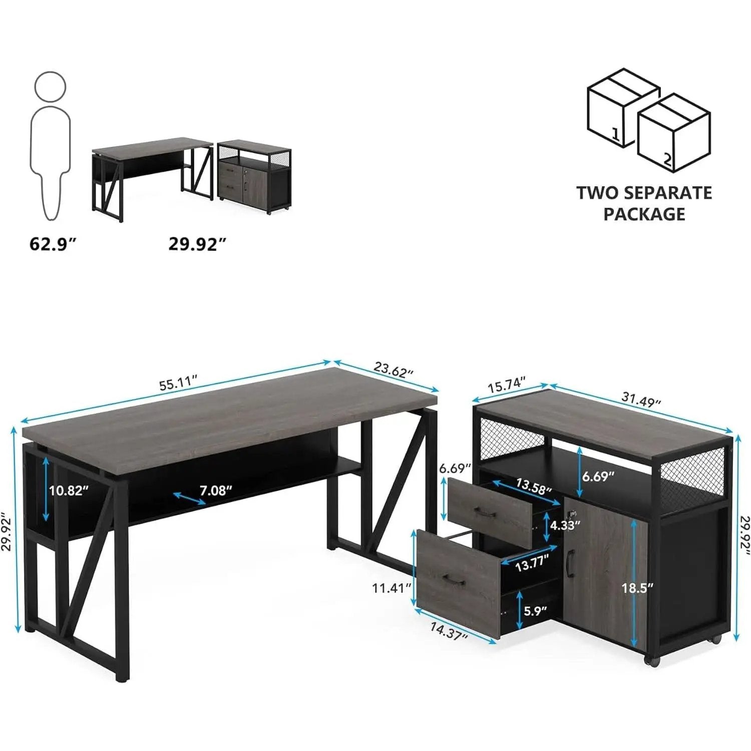 Gray L-Shaped Desk 55 Inch With Storage Cabinet For Office from PriceLows™