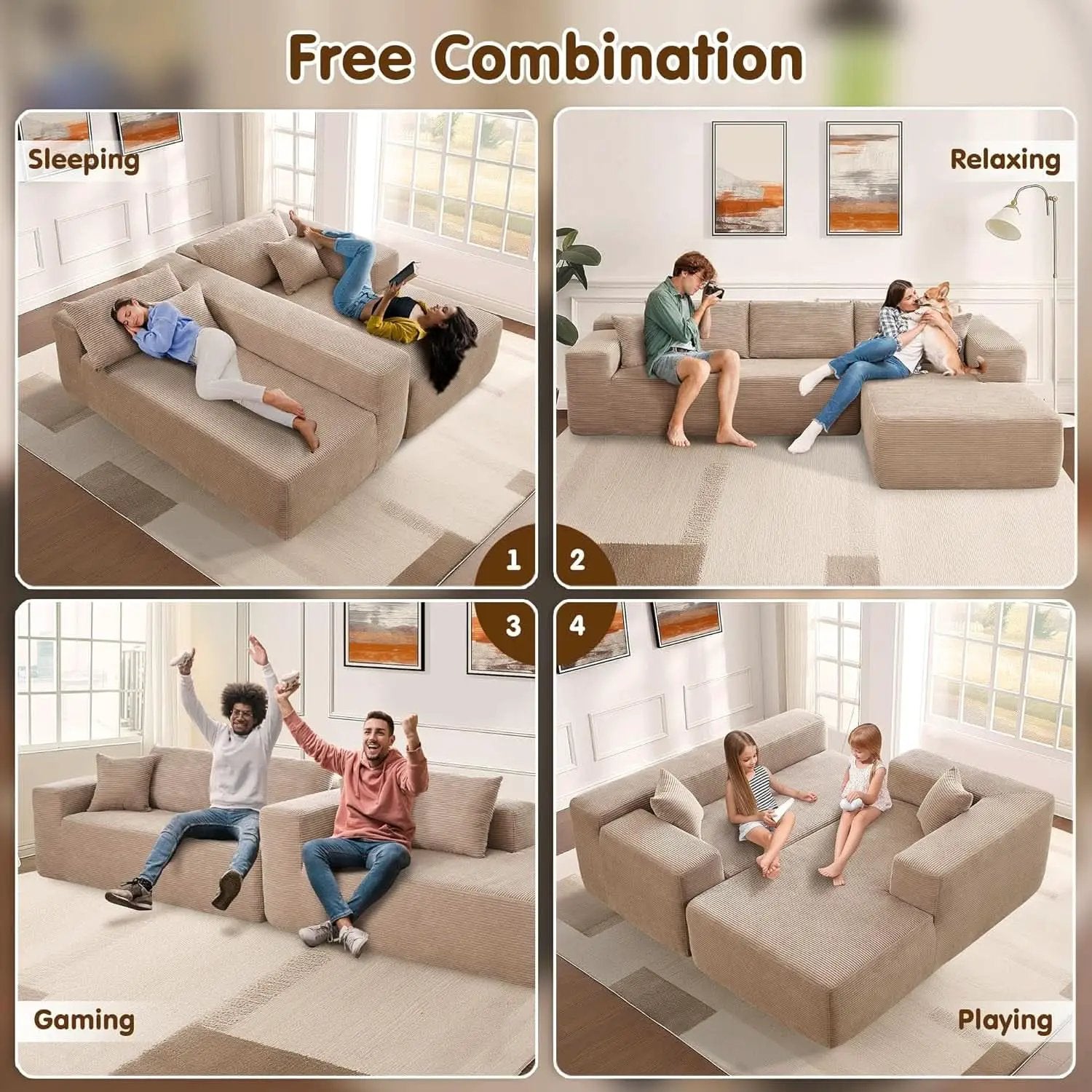104 Inch Cloud Sectional Couch With L Shaped Chaise Modern Modular Sofa In Camel Corduroy Fabric from PriceLows™