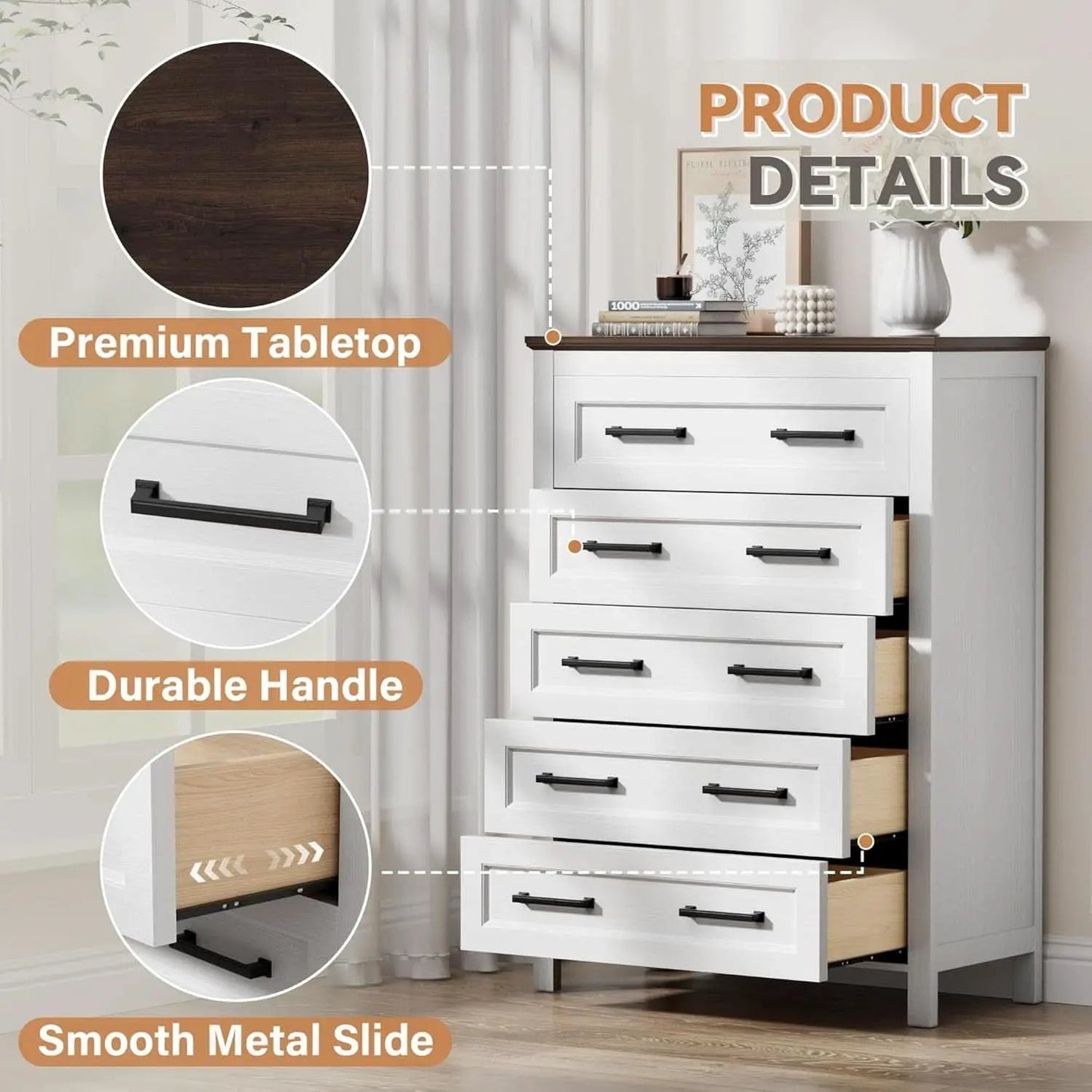 Tall White ChestOfDrawers With Five Drawers WalnutBrown from PriceLows™