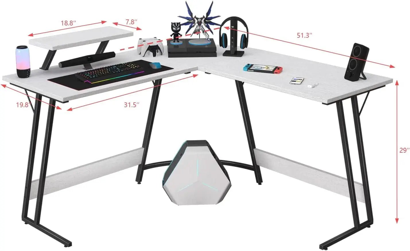 L Shaped Gaming Desk 51 Inch Monitor Riser Classical White from PriceLows™
