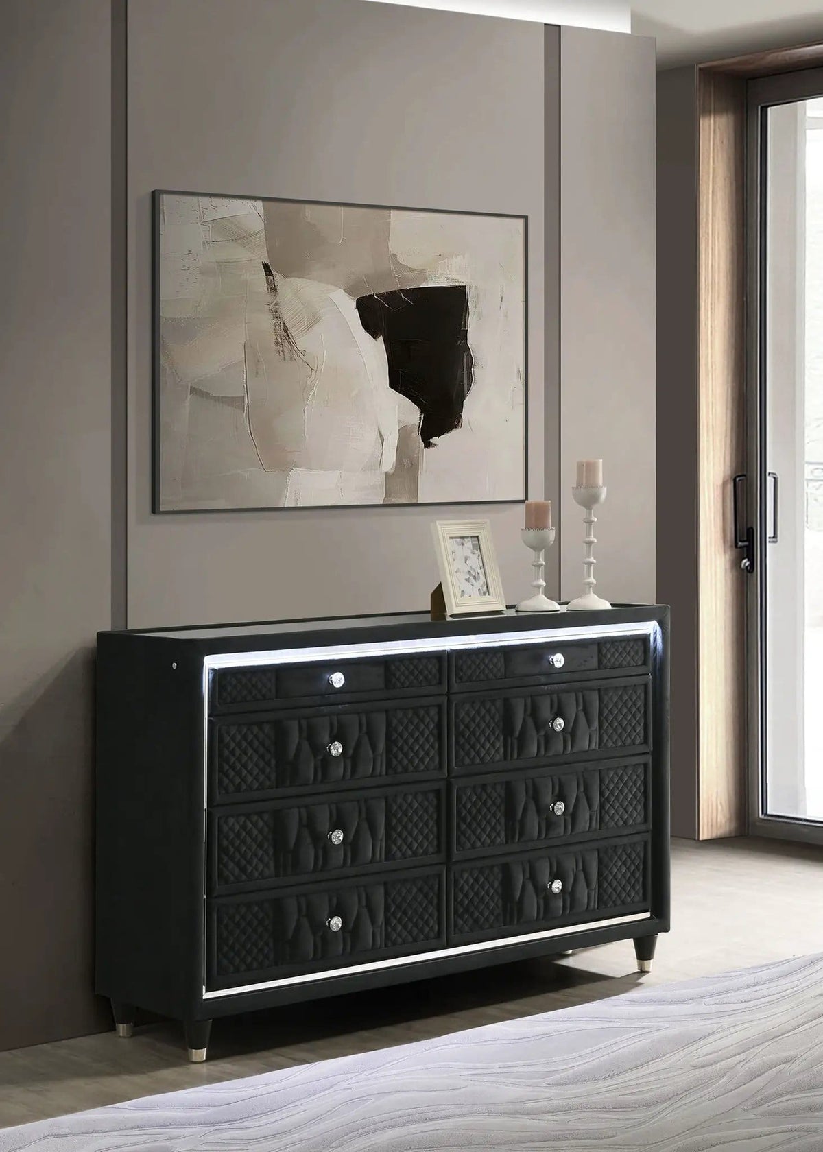 Lorient 8-drawer LED Bedroom Dresser Cabinet | 60.5 x 16 x 38.25 in | Rubberwood & Velvet | Black