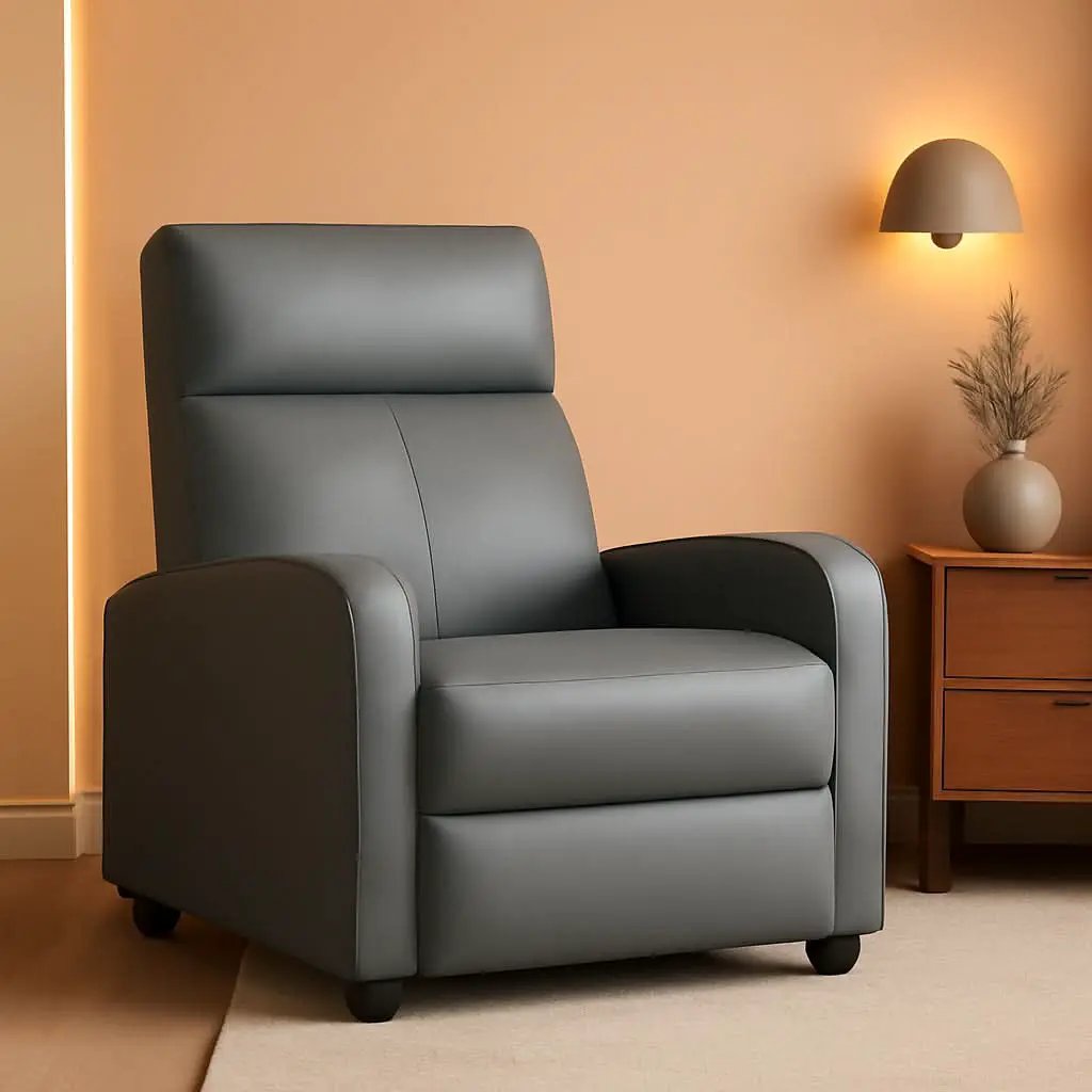 Gray PU Leather Recliner Chair With Lumbar Support from PriceLows™