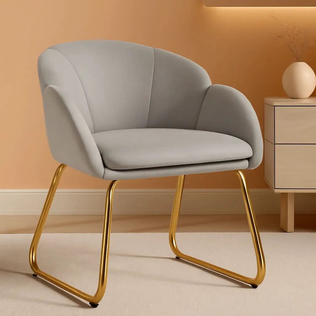 Gray Velvet Flower Shape Vanity Chair With Gold Metal Legs from PriceLows™
