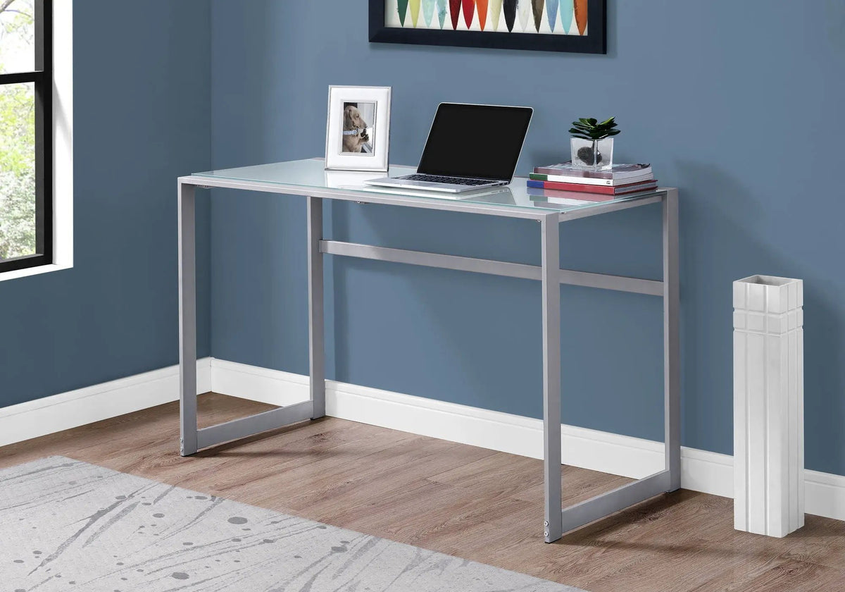 Frosted Glass Computer Desk | 48 Inch Width | Tempered Glass Top | Metal Trestle Support