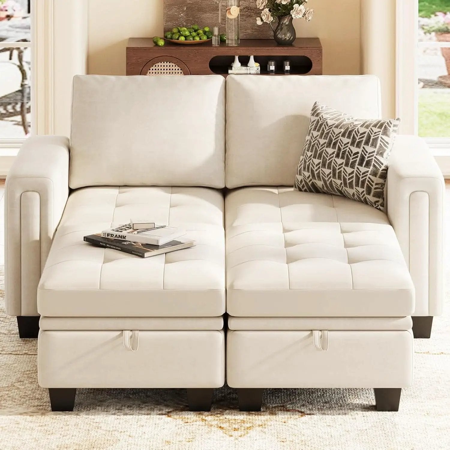 Beige Velvet Modular Sectional Sofa With Storage Sleeper from PriceLows™