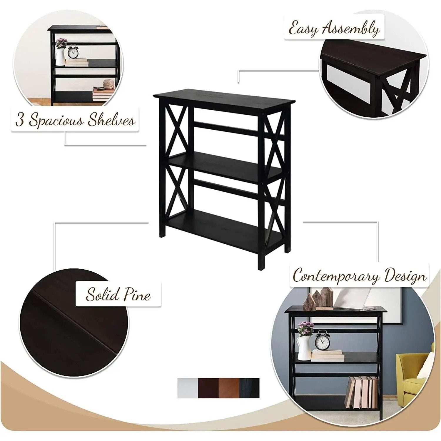 Montego 3 Shelf Bookcase Black Solid Wood Construction from PriceLows™