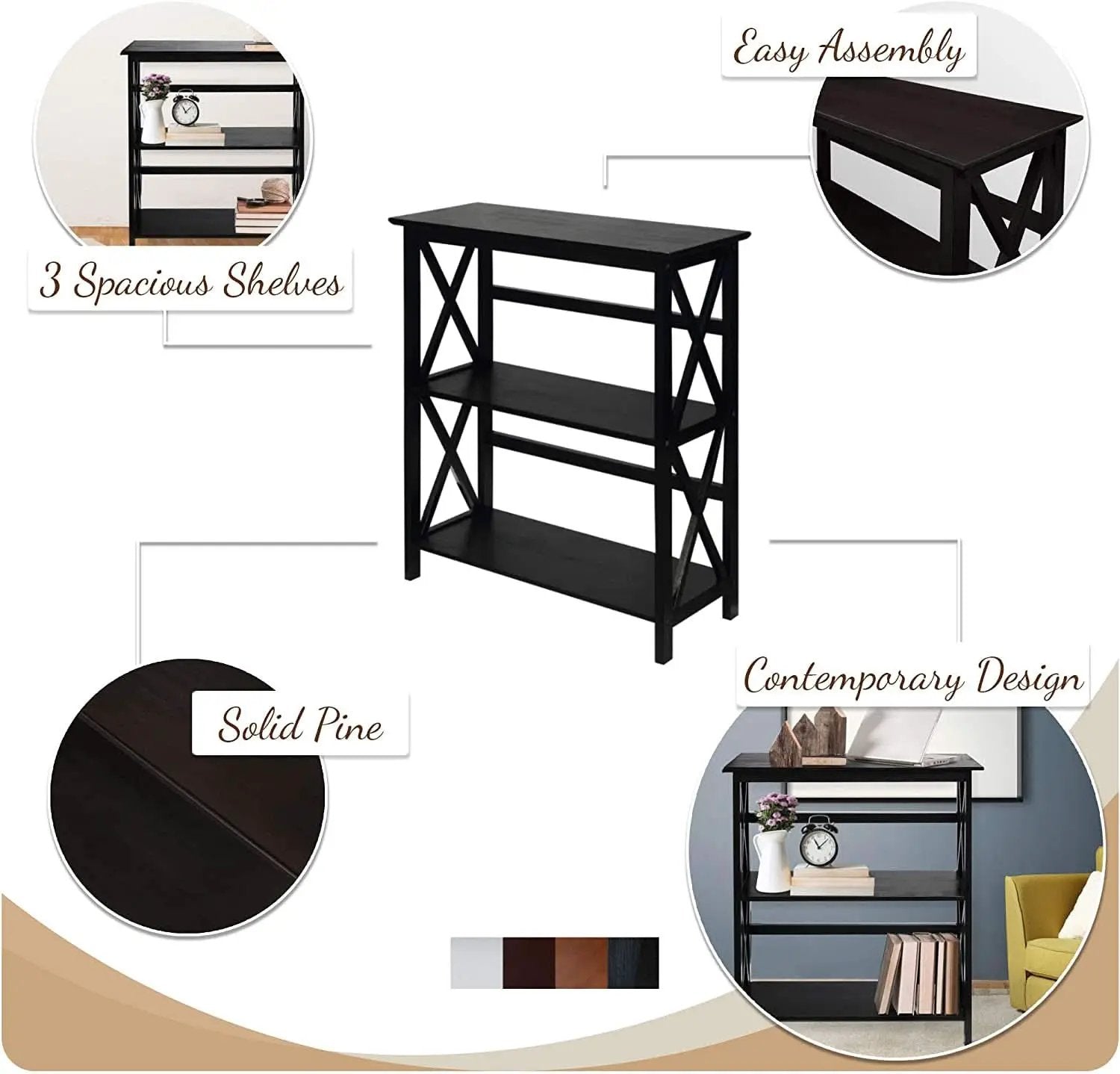Three Shelf Solid Wood Bookcase For Living Room Storage from PriceLows™