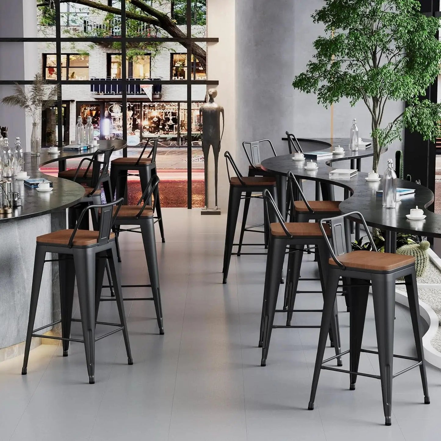 30 Inch Low Back Metal Barstools With Wooden Seat from PriceLows™