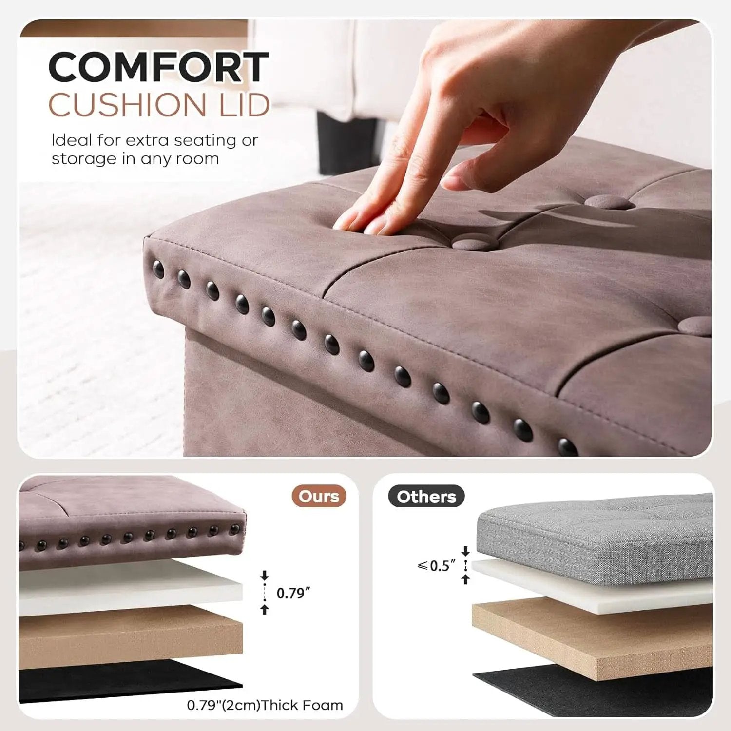 Oak Brown 30-Inch Foldable Storage Ottoman Bench from PriceLows™