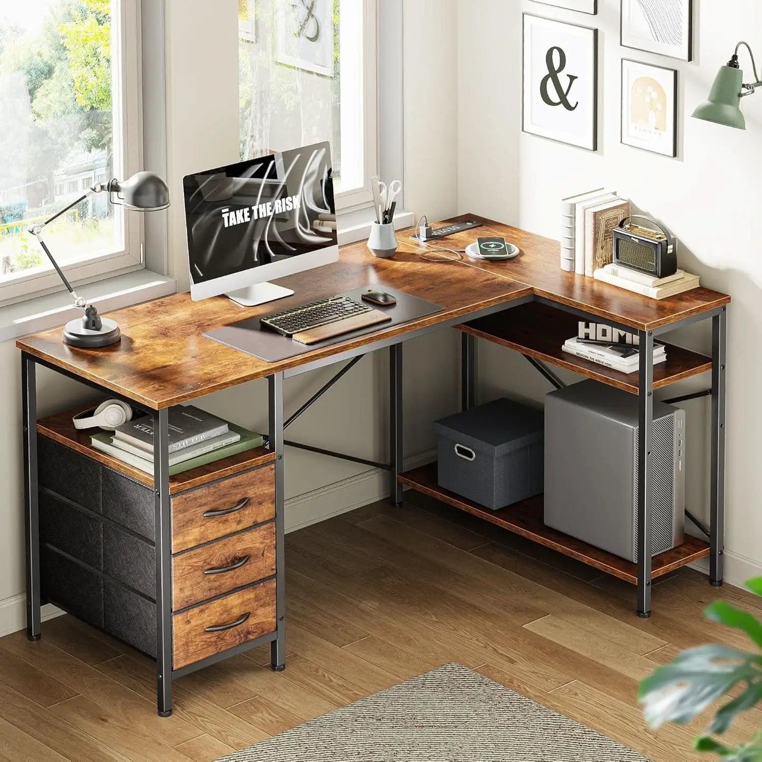 L Shaped Desk 47 Inch With Power Outlets For Home Office from PriceLows™