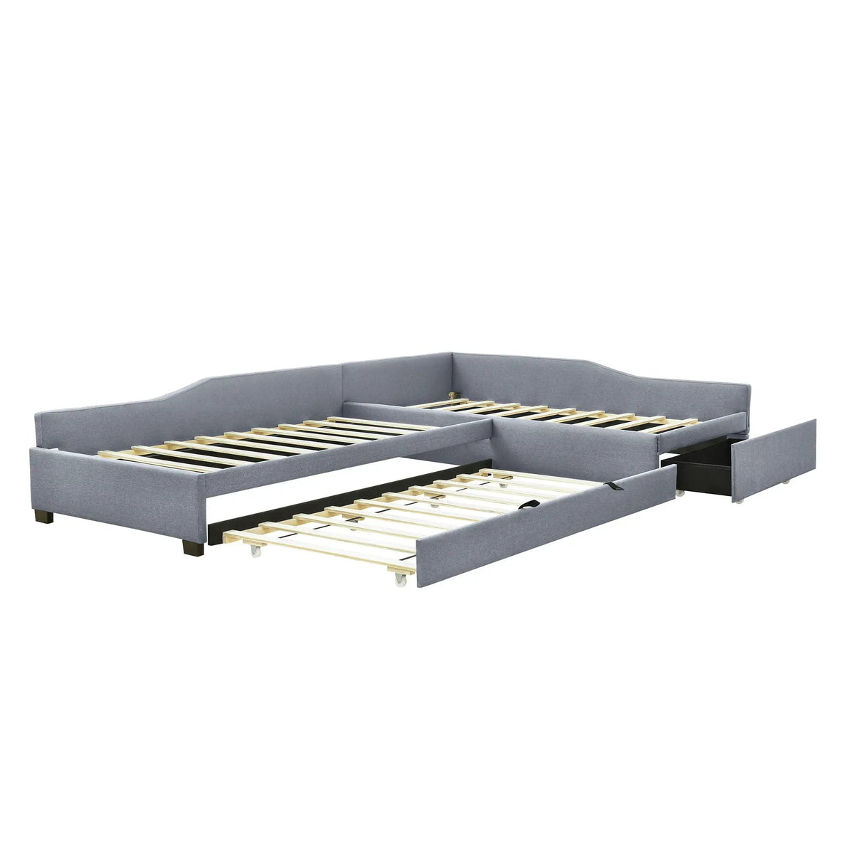 Upholstered Double Daybed | Trundle And Drawer | Two Twin Beds | 120 Inch Length