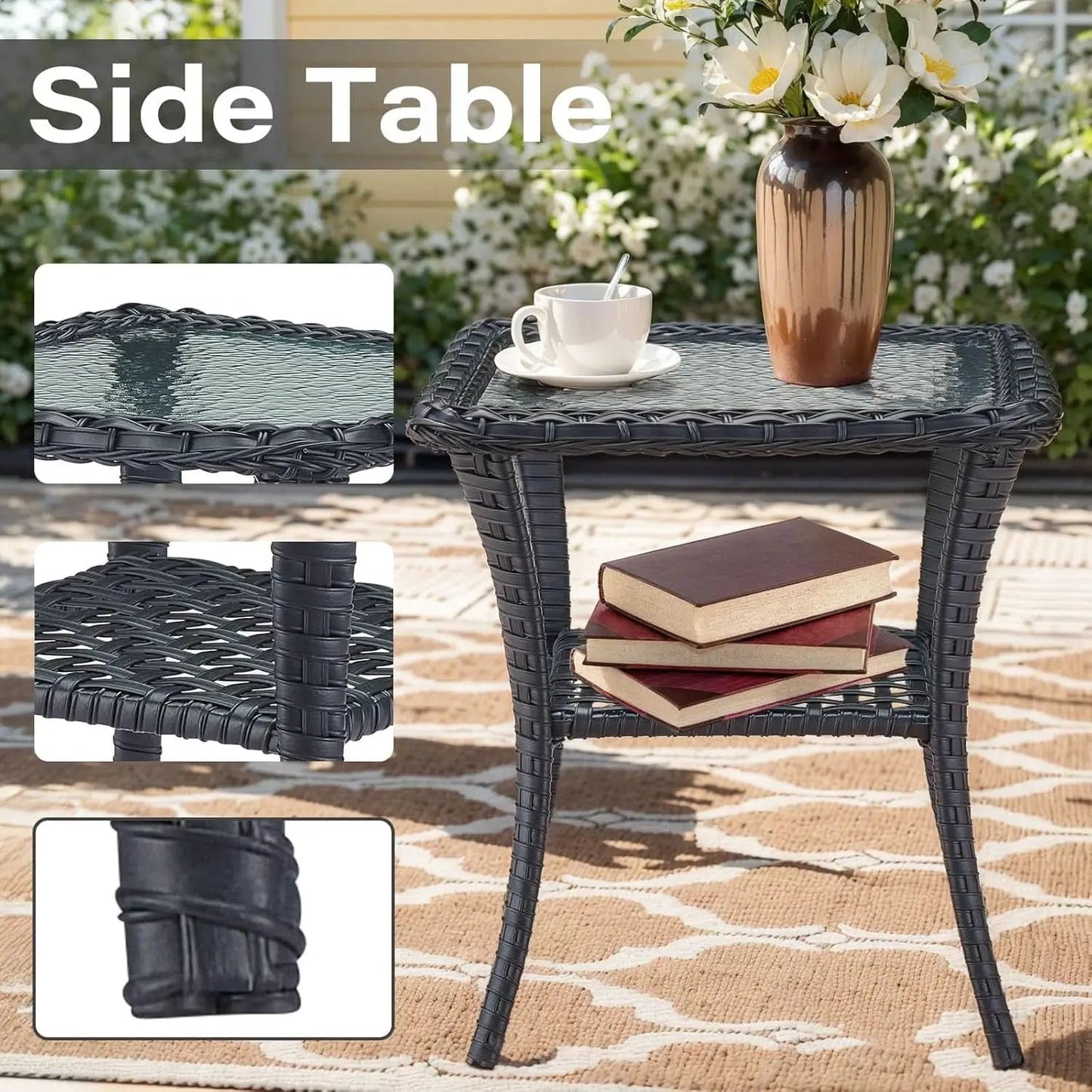 3 Piece Black Wicker Patio Furniture Set With Swivel Rocker Chairs And Side Table Beige Cushions from PriceLows™