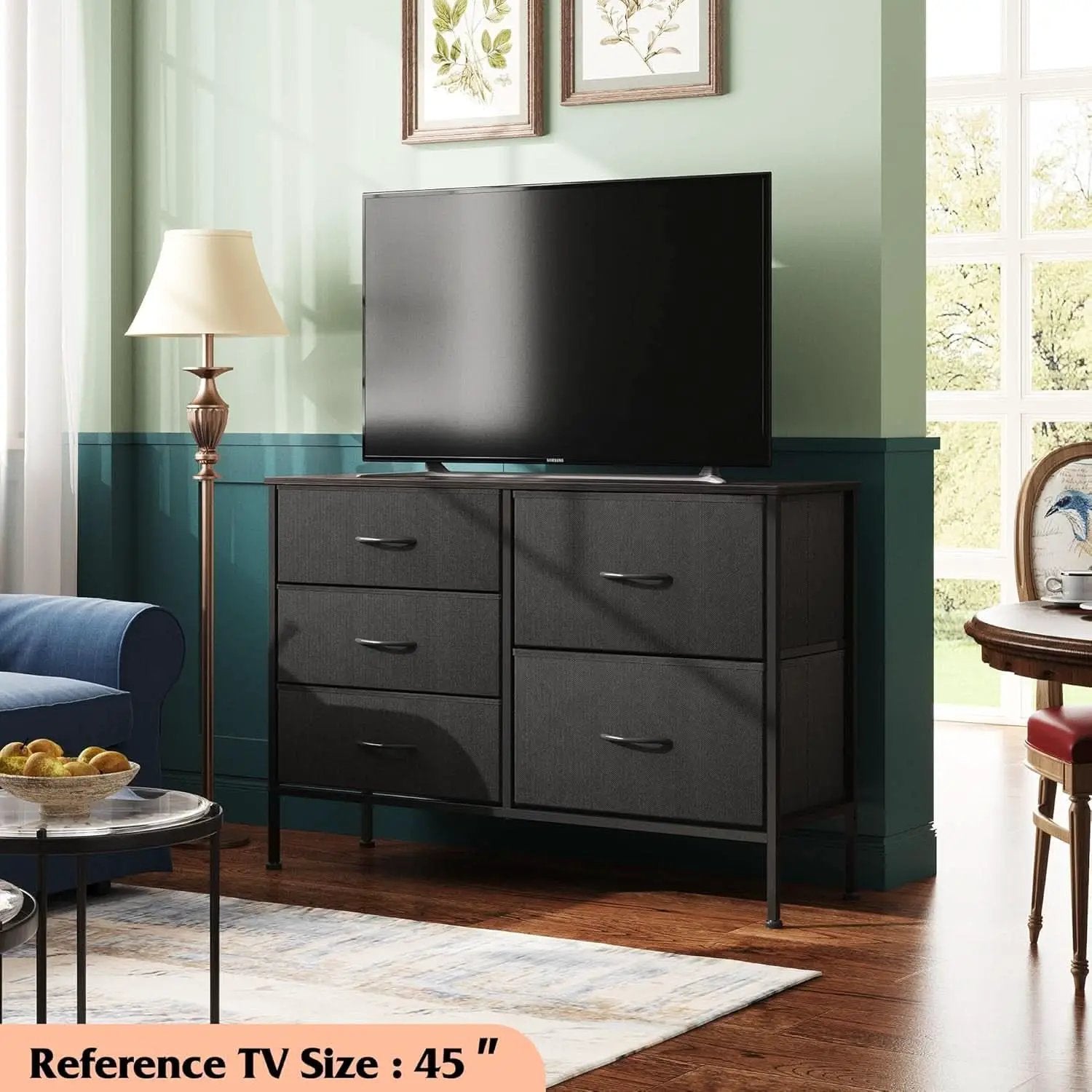 Charcoal Black Fabric Dresser With 5 Drawers For Bedroom Storage from PriceLows™
