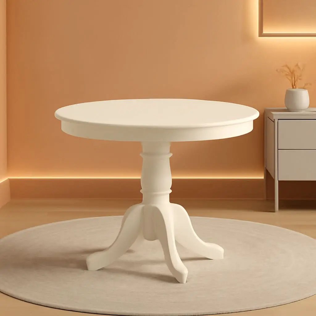 Mid Century Round Solid Wood Dining Table With Linen White Finish from PriceLows™