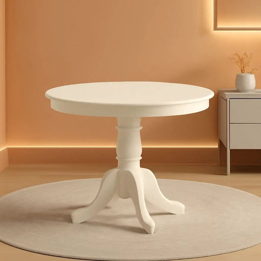 Mid Century Round Solid Wood Dining Table With Linen White Finish from PriceLows™