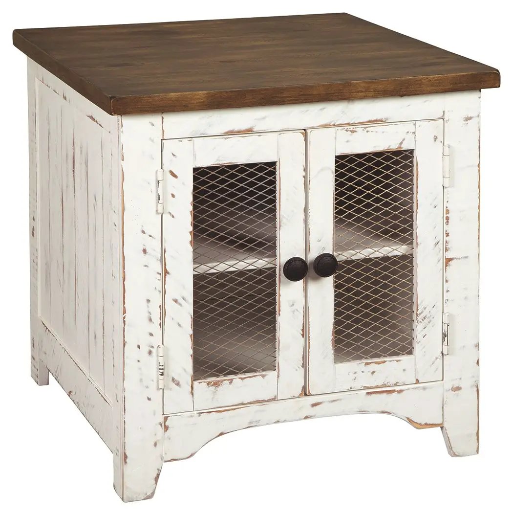 Wystfield Rectangular End Table | White And Brown | Two Doors | Adjustable Shelf