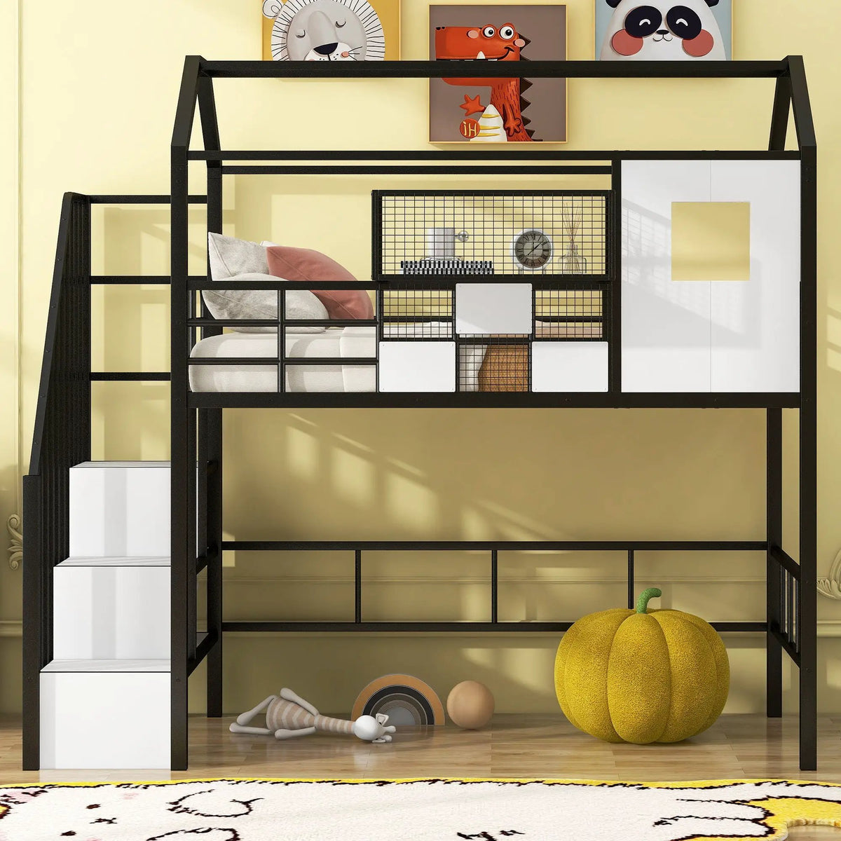Metal Loft Bed | Roof Design | Storage Box | Integrated Ladder