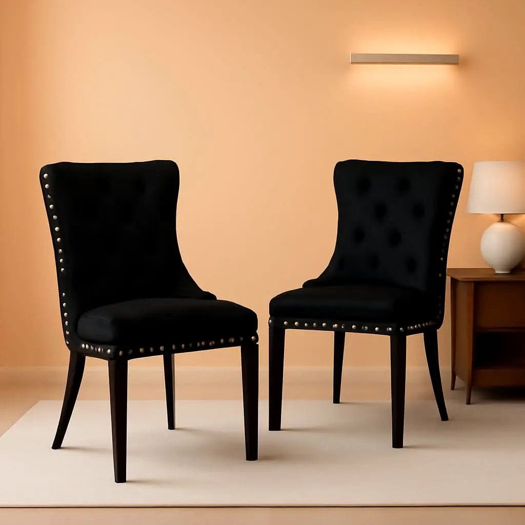 Black Velvet Tufted Dining Chairs With Nailhead Trim Set of 2 from PriceLows™
