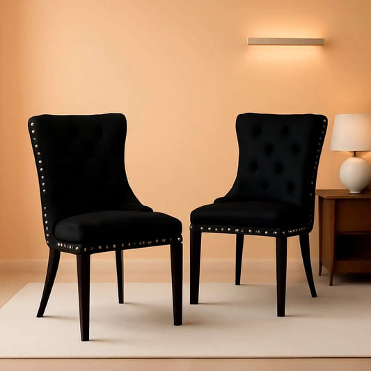 Black Velvet Tufted Dining Chairs With Nailhead Trim Set of 2 from PriceLows™